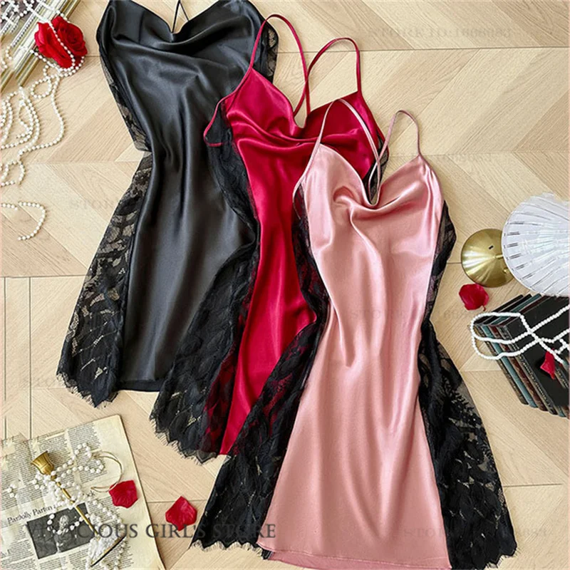 

Sexy Spaghetti Strap Nightgown Chemise Sleepwear Patchwork Hollow Out Lace Nightdress Intimate Lingerie Summer Ice Silk Homewear