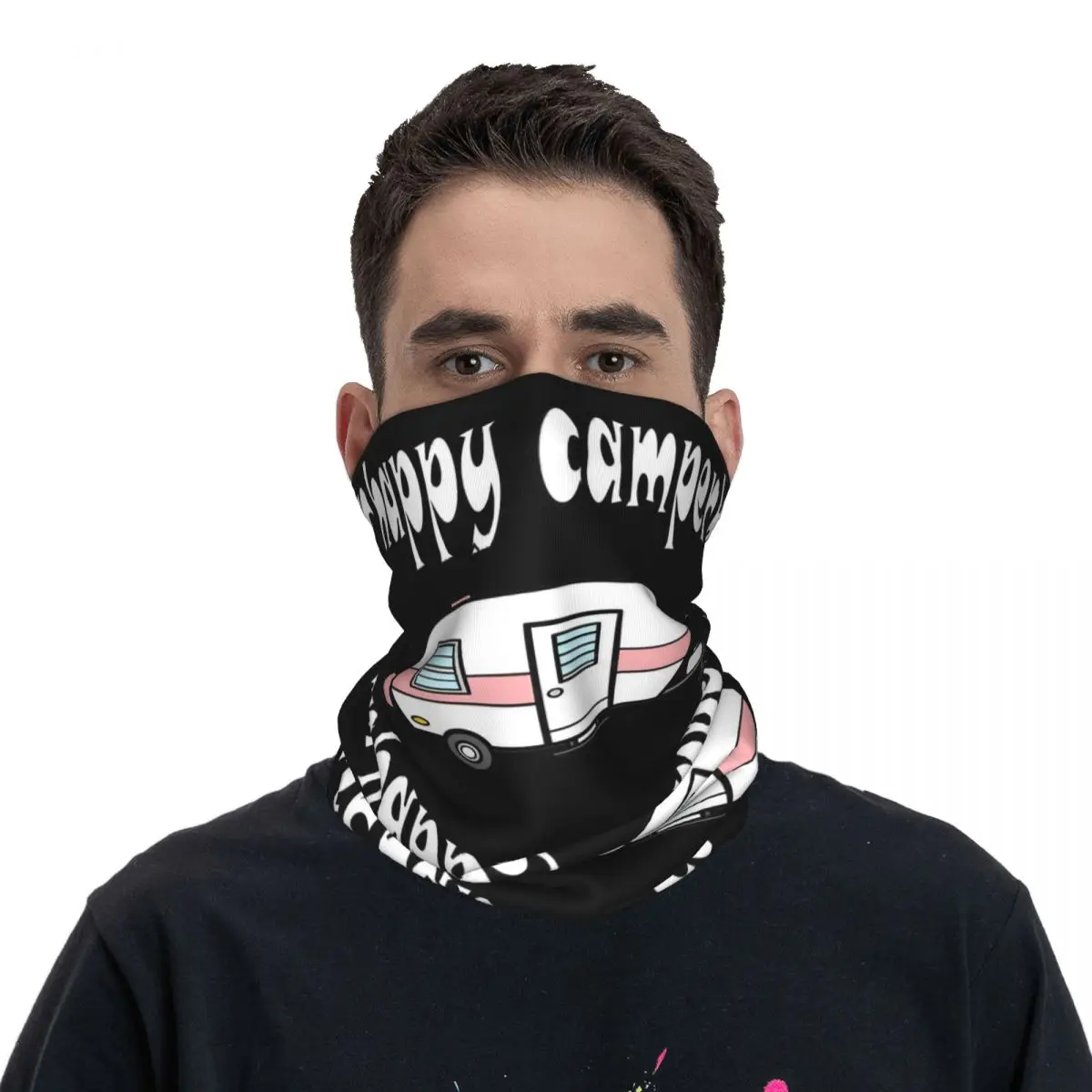 Men Women Camping Happy Camper Bandana Stuff Neck Cover Printed Face Scarf Warm Face Mask For Outdoor Sports Breathable