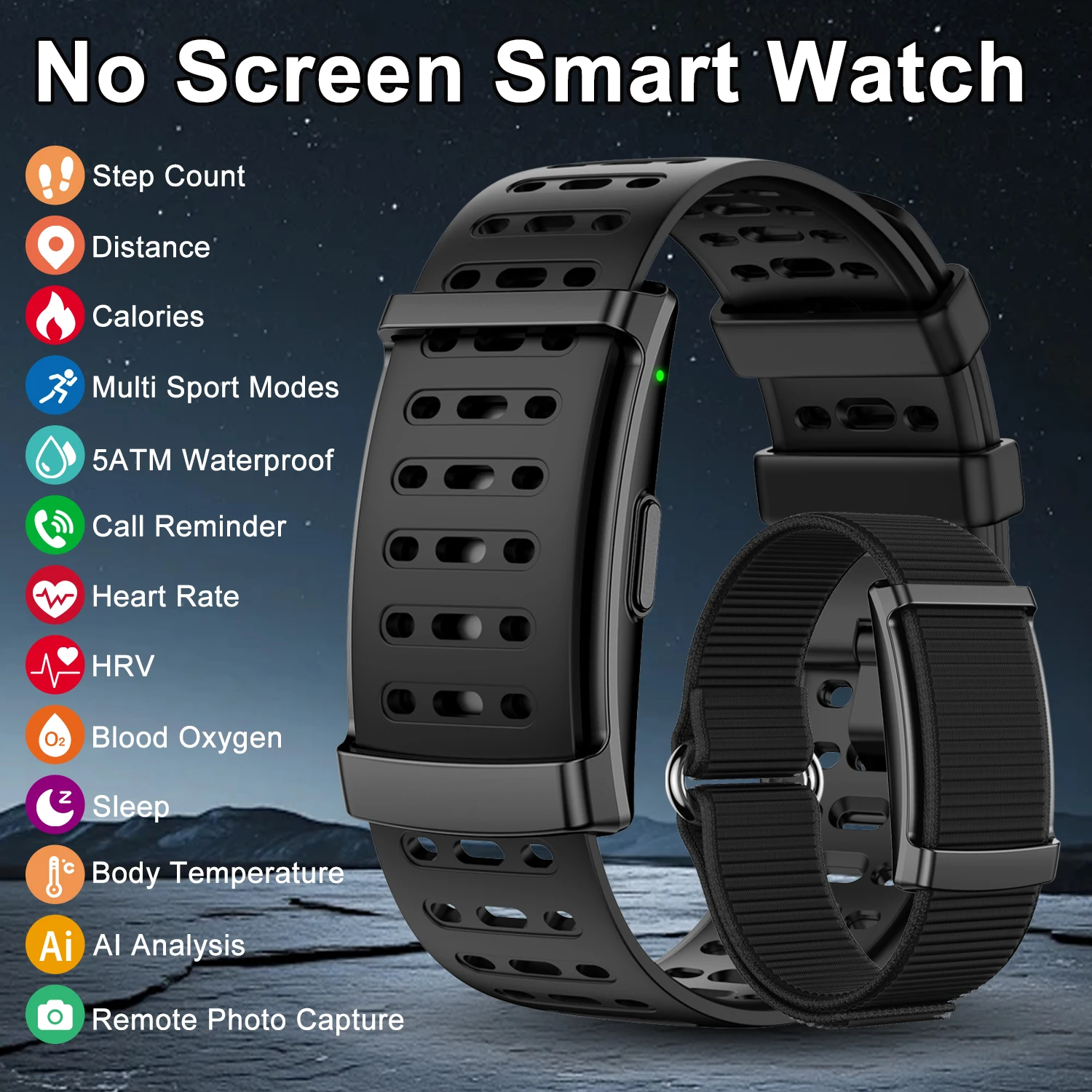 Smart Bracelet Heart Rate Blood Oxygen Monitor AI Health Analysis Waterproof Fitness Tracker Band NO Screen Smartwatch