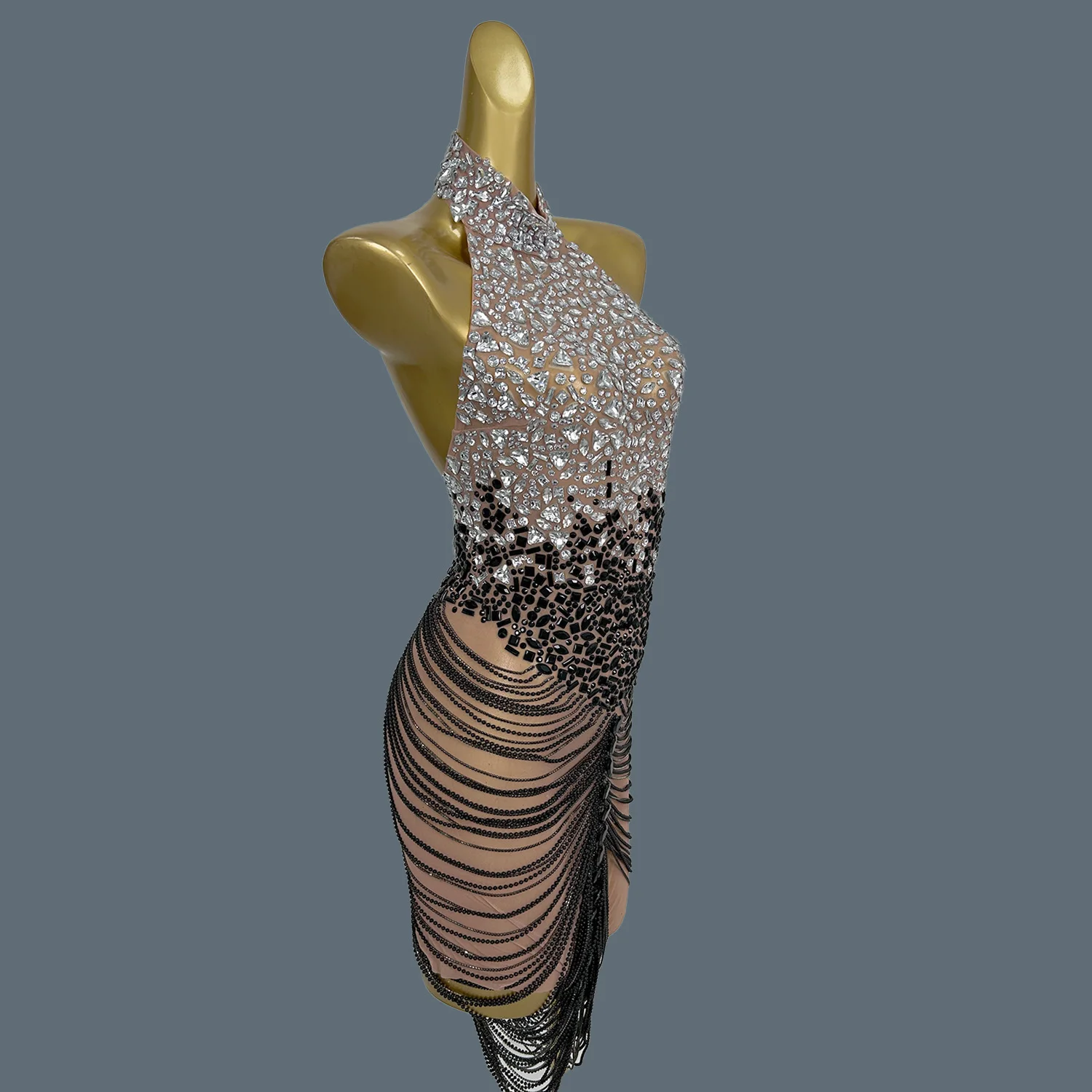 Sparkly คริสตัลโซ่ฉลองวันเกิดชุดราตรีการถ่ายภาพชุดเซ็กซี่ Halter Backless SHEER ตาข่ายผอมชุด Diandao