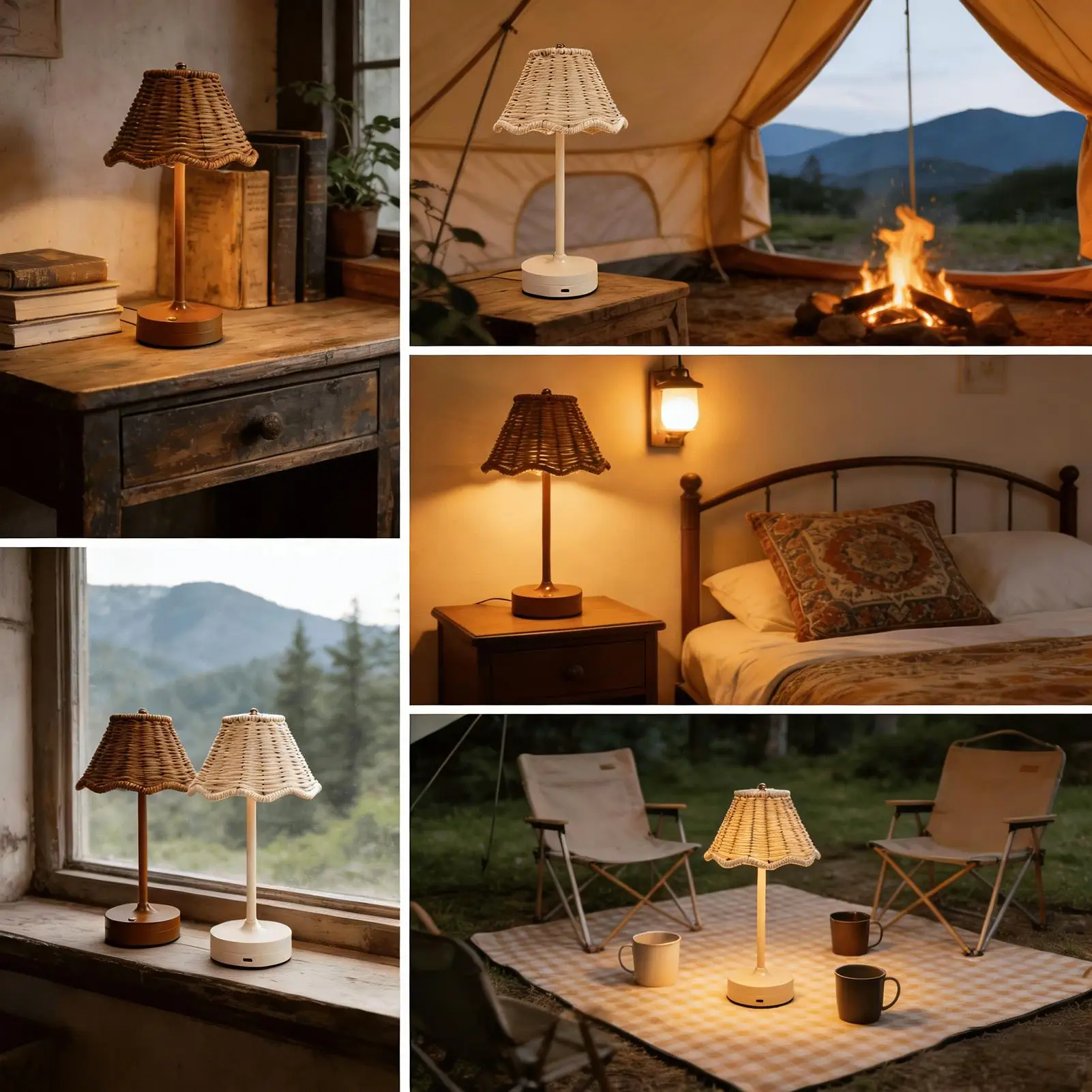 籐ランプ-120-ルーメンワイヤレス充電式調光可能な人工籐照明デスクライトリビングルームオフィスホーム読書用