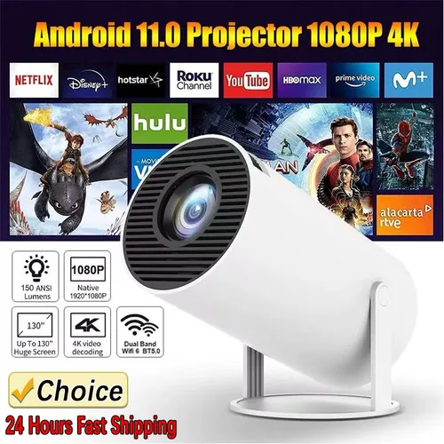 2026 Nuevo Proyector HY300 con WiFi6 y BT5.0, Proyector portátil 1080P/4K Compatible con Proyector Android inteligente Keystone automático
