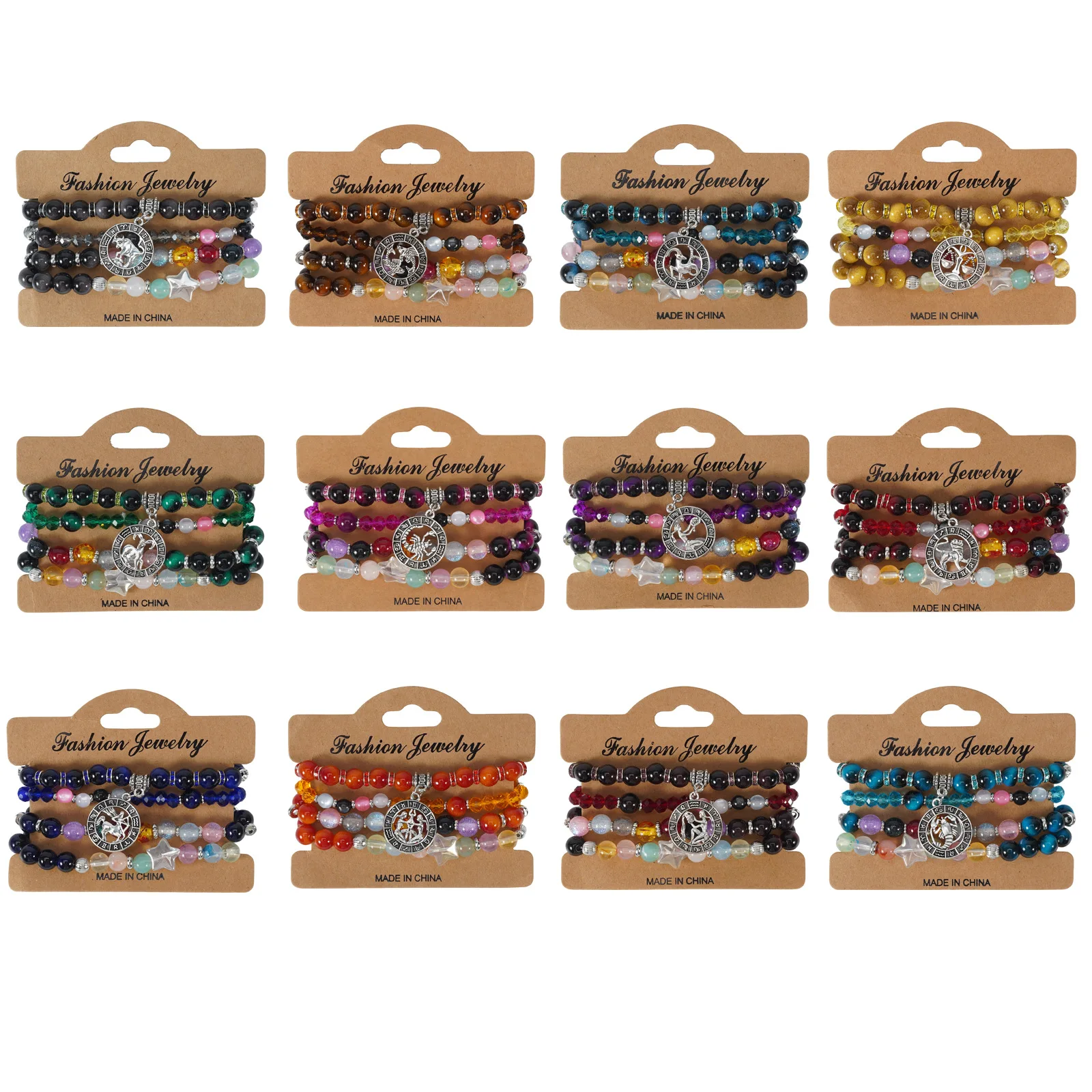 12 Zodiac Sign Beaded Bracelet Set for Gift 4Pcs Crystal Star Charm Stackable Stretch Bracelets Astrology Jewelry Gift