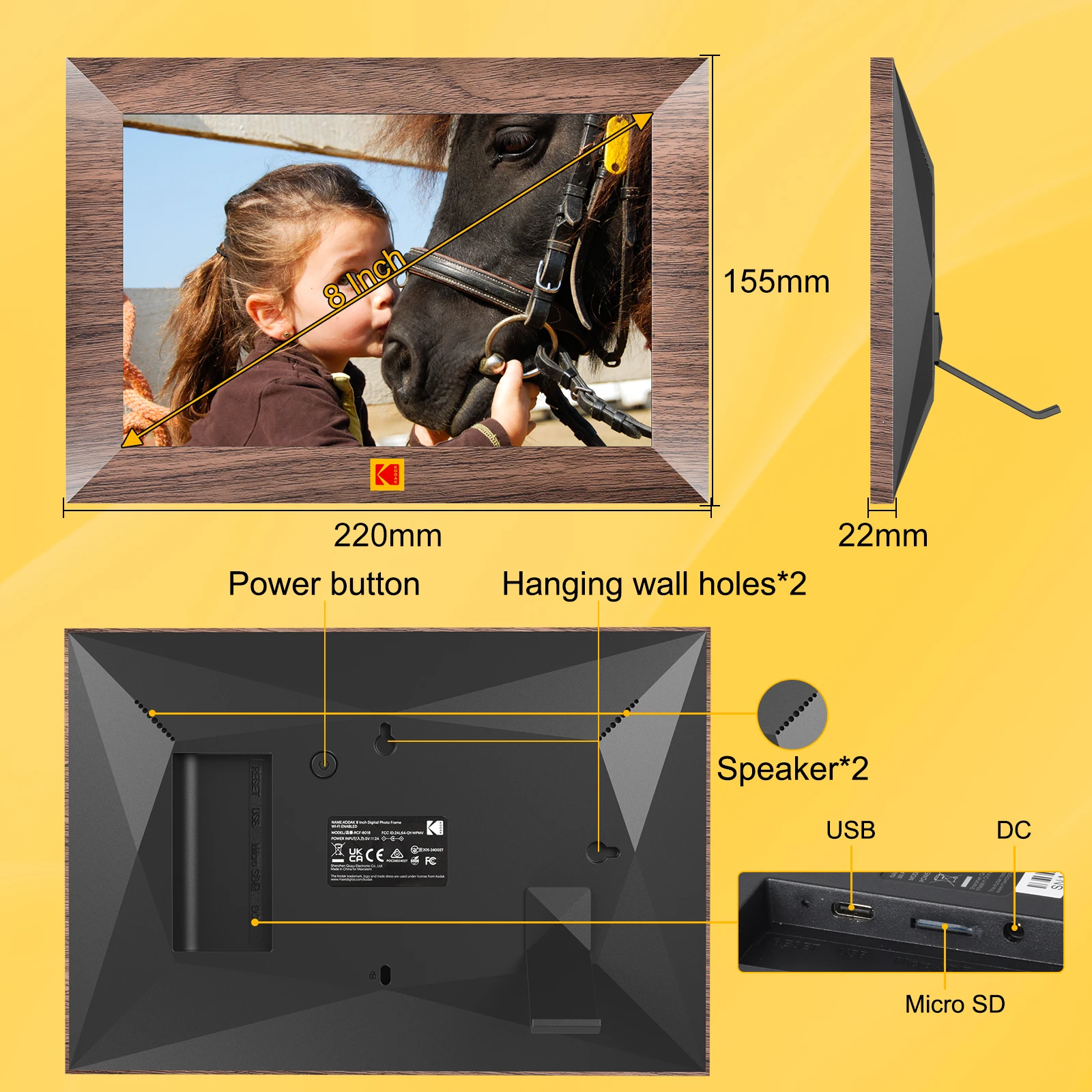 إطار صور رقمي ذكي واي فاي مقاس 8 بوصات من كوداك، شاشة لمس 800*1280HD، نقل عن بعد للصور، مشاركة فورية مع عائلة