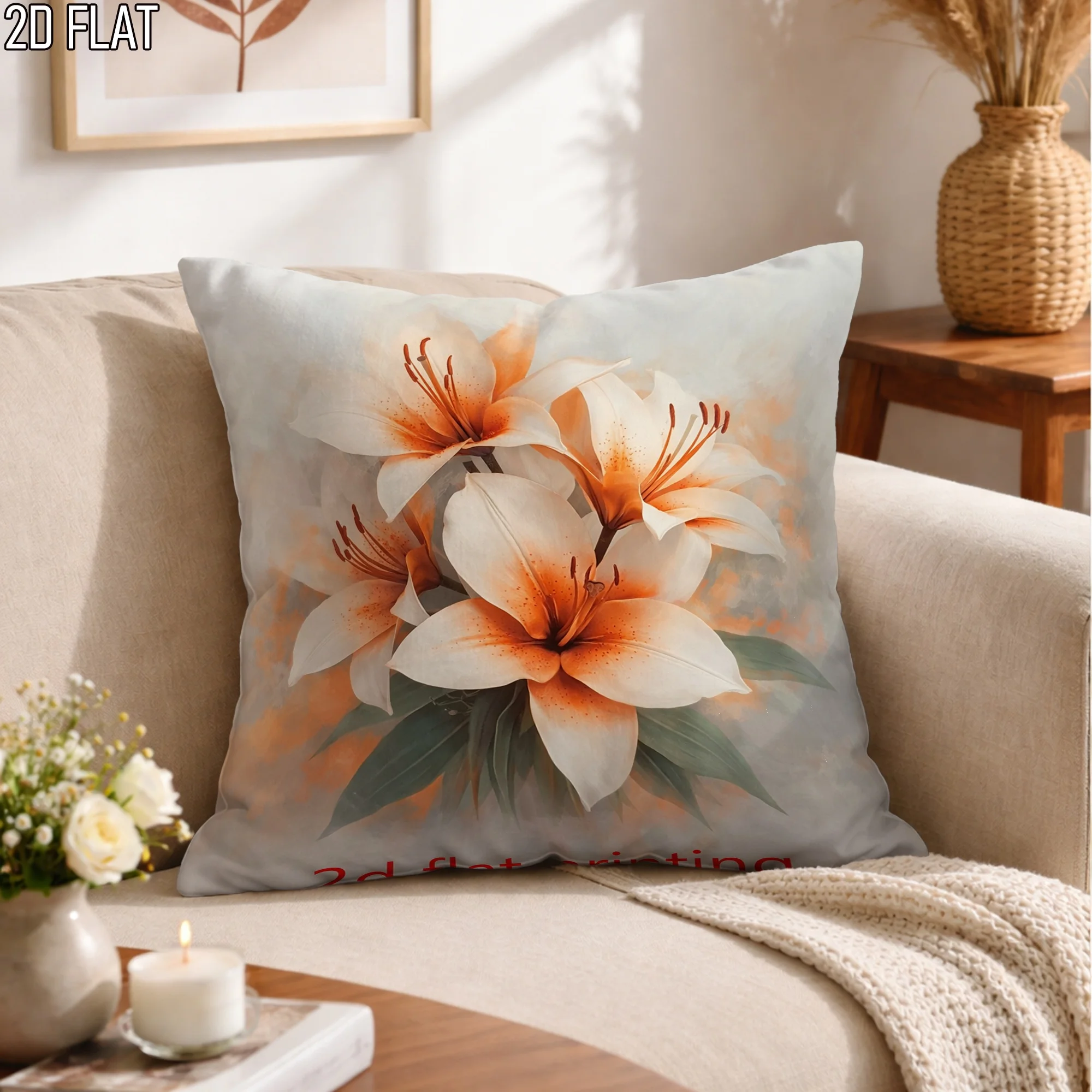 Watercolor Lily Flower Throw Pillow Cover Neutral Orange Floral Cushion Case for Boho Home Decor