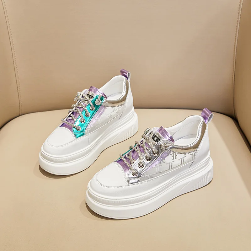 NEW Autumn Leather Breathable Mesh Shoes Splicing Mixed Colors Women Sneakers Sandals Internal Elevation Wedges Trendy Sneaker