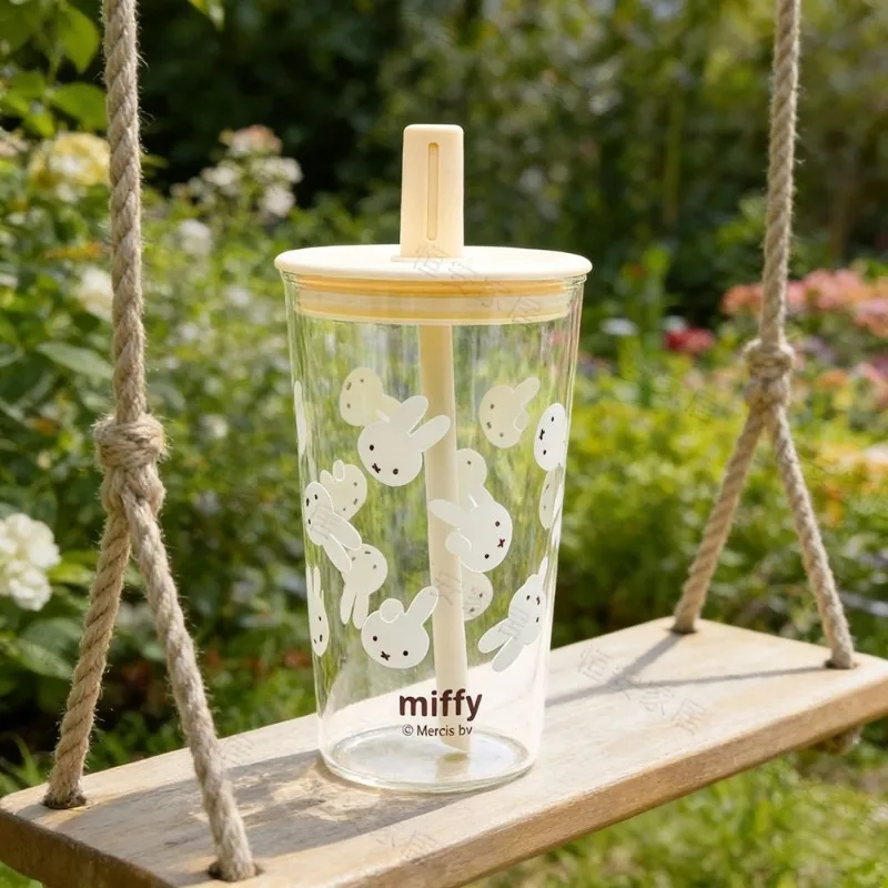 Miffy Glass Cup with Straw Cute Cartoon Drinking Glass Large Capacity Milk & Coffee Tumbler for Girls Heat-Resistant Gift Ready view 4