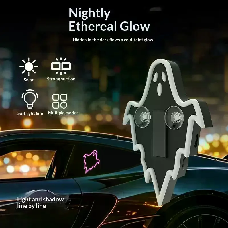 Solar Devil LED Car Ghost Ambient Light, Dynamic Rear Windshield Decorative Expression Light For Car, Halloween Decoration