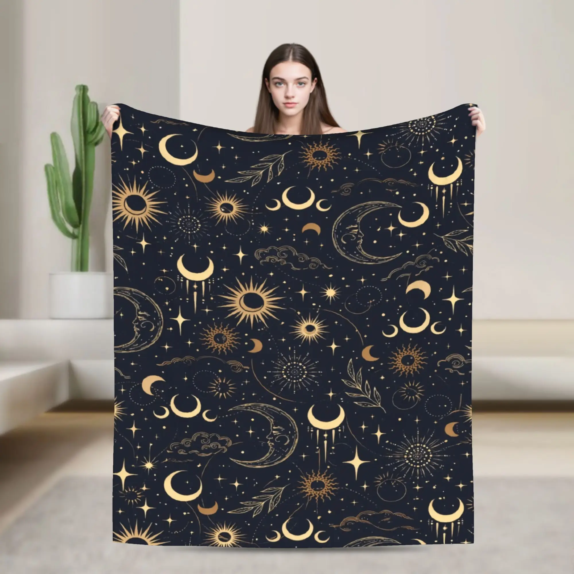 Astrology Zodiac Moon and Stars Warm Blankets  Travel Plush Throw Blanket Fluffy Couch Chair Flannel Bedspread Sofa Bed Cover