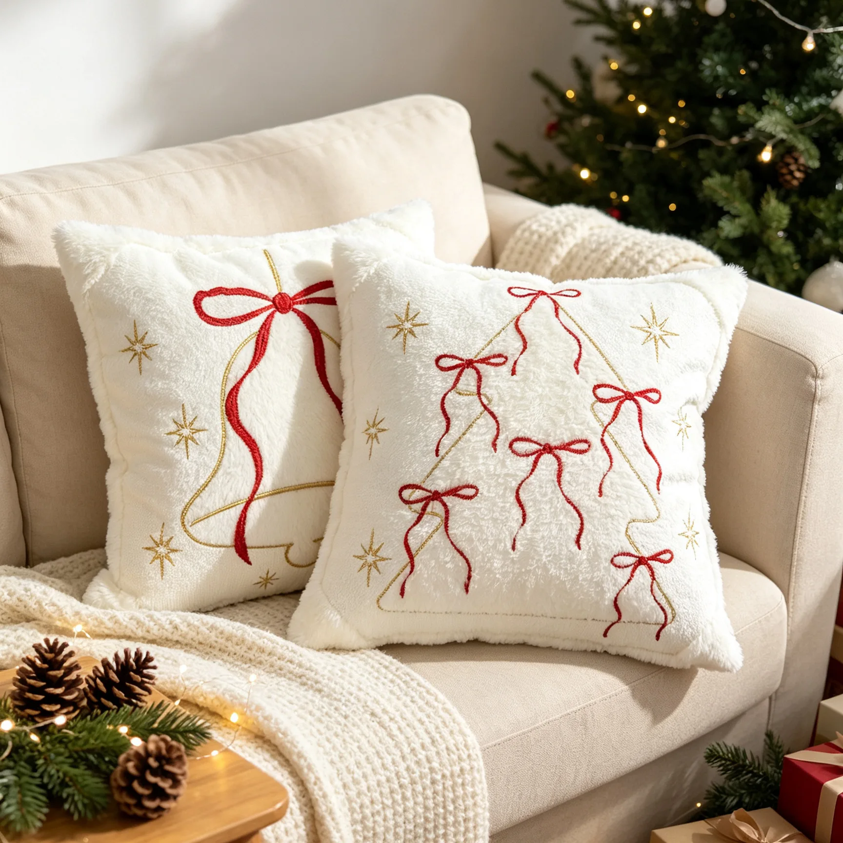 45x45cm Christmas Decorative Throw Cushion Cover- Embroidered Christmas Tree Pattern for Living Room Sofa Pillowcase Green White