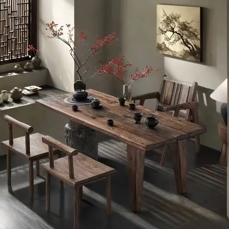 Wabi-sabi wind old elm enclosure tea office retro solid wood tea table rectangular large board  kung fu tea
