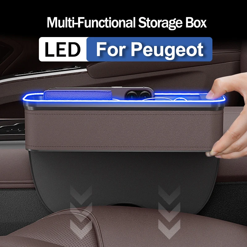 

For Peugeot 206 207 307 408 607 208 3008 308 508 408 2008 Car Crevice Storage Box With 2 USB Charger Colorful LED Seat Organizer