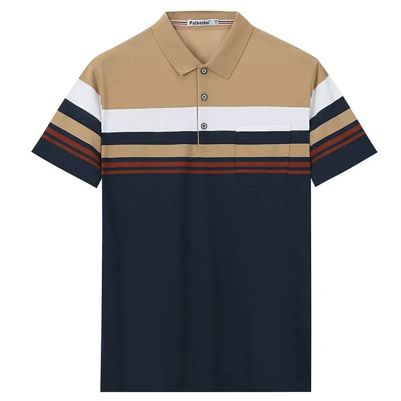 Men's Clothing Striped Pullover Turn-down Collar Solid Button Short Sleeve Summer Polo T-shirt Fashion Casual England Style Tops