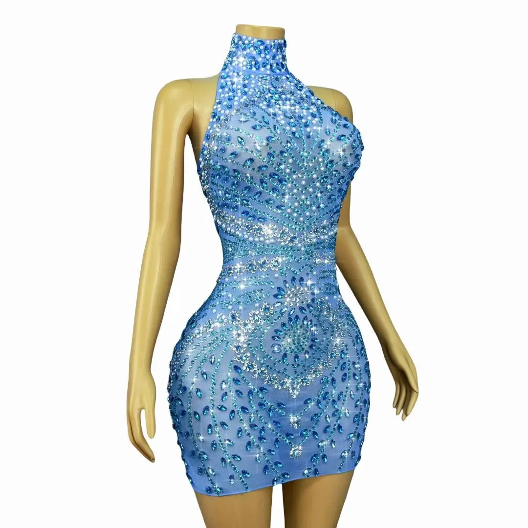 Frauen Luxus Blau Strass Perlen Drucken Mesh Halter-Backless Bodycon Mini Kleid Hohe Elastische Promi Abend Club Party