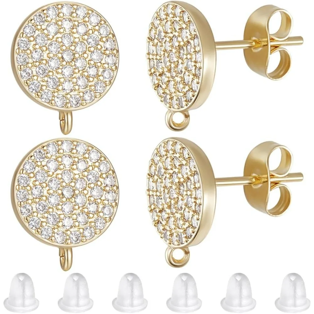 4 Pairs Flat Round Stud Earring Findings Cubic Zirconia Brass Golden Ear Studs with Hang Loop and Ear Nuts making kit