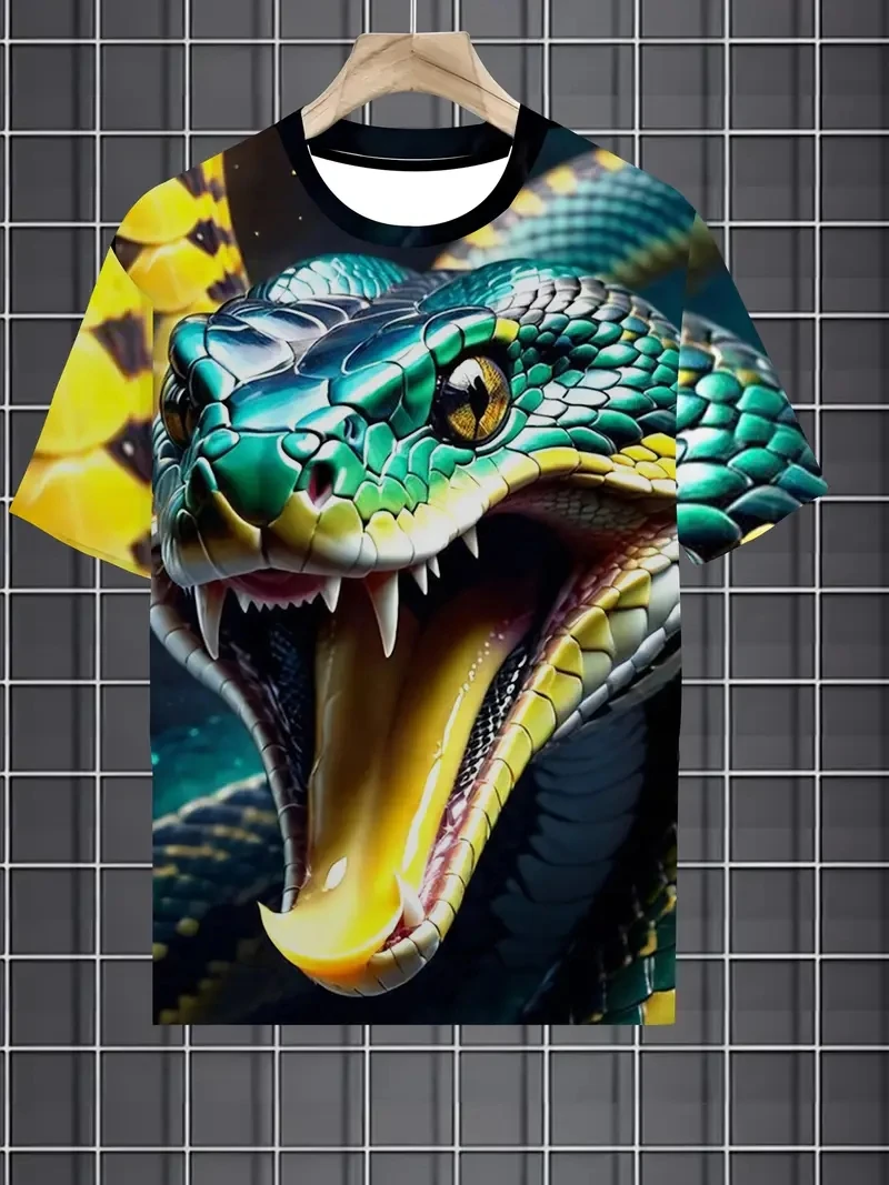 Męska koszulka z krótkim rękawem w rozmiarze plus size z nadrukiem węża 3D, luźna i swobodna, miękka, wygodna i oddychająca, odpowiednia do sportów na świeżym powietrzu