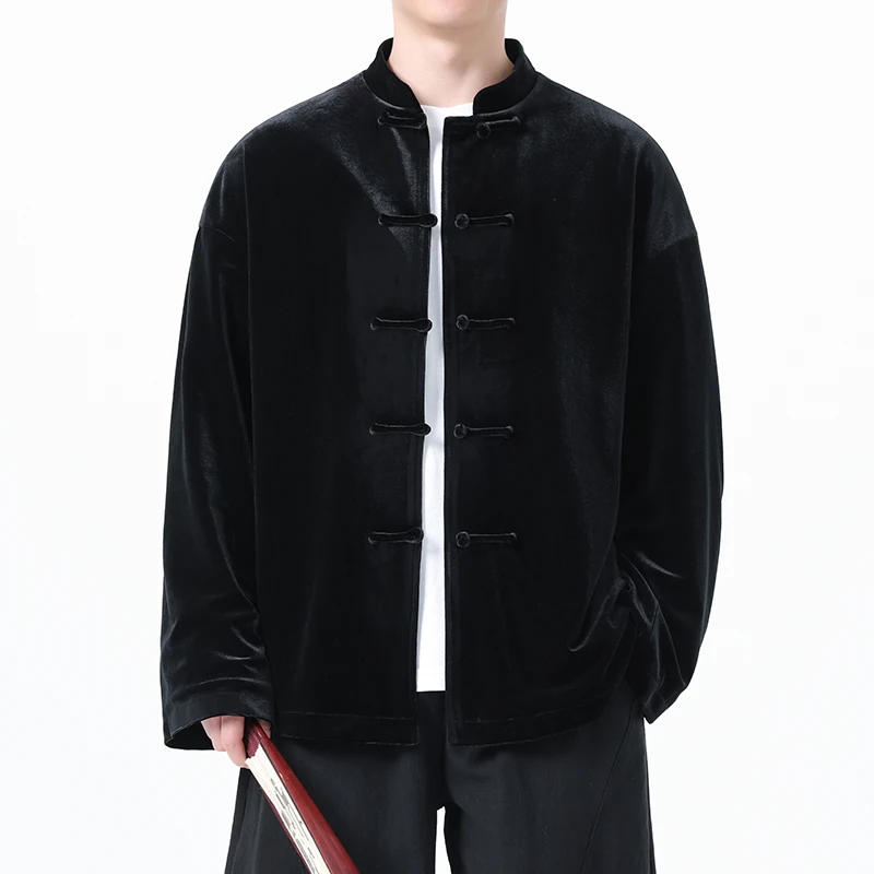 M-XXXXXL Plus Size Men's Vintage Chinese Style Stand Collar Long Sleeve Loose Flannel Coats Frog Button Casual Clothing Tops 5XL