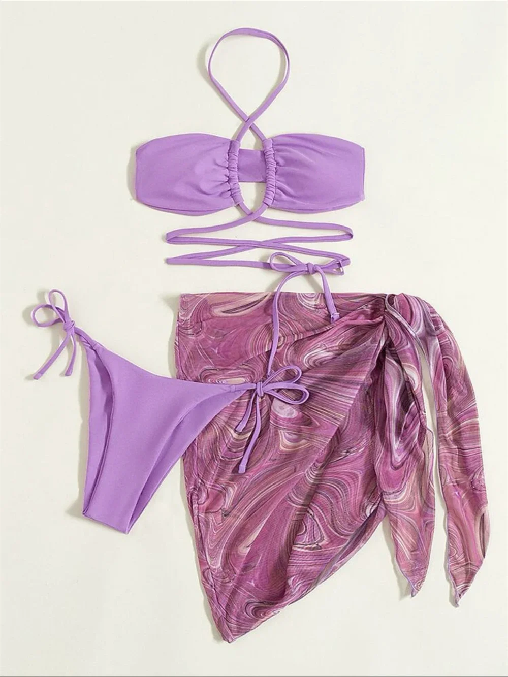 

Purple String Bikini Bandeau Swimsuit Cross Bandage Cover Ups Women Beach Print Mesh Outfit Vacation Swimwear Micro Bathing Suit