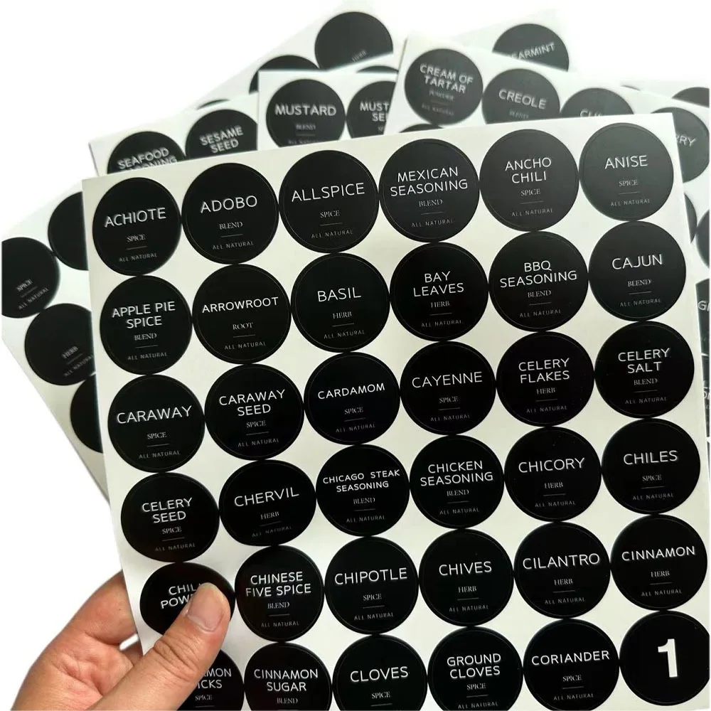 

180Pcs 1.38" Printed Spice Jars Labels Black Self Adhesive Seasoning Bottle Sticker Easy to Use with Digital Label Stickers