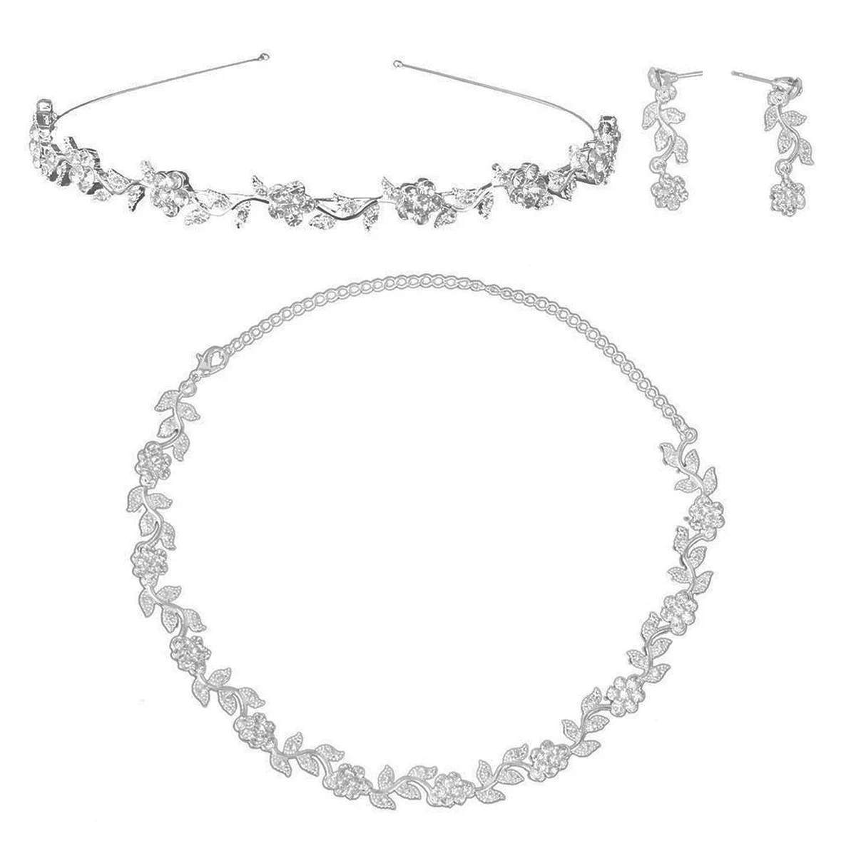 

Bridal Wedding Rhinestone Decorated Floral Jewelry Set Necklace Earrings (Silver)