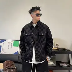 New Men's Clothing Designer Clothes Thick Plaid Denim Jacket Black Spring Autumn Casual Loose Fit Cool Jackets Coats for Men