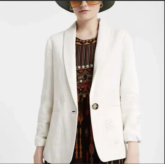 Spanish Heavy Industry Patch Long-Sleeved White Denim Jacket - Foreign Trade Original Single Piece