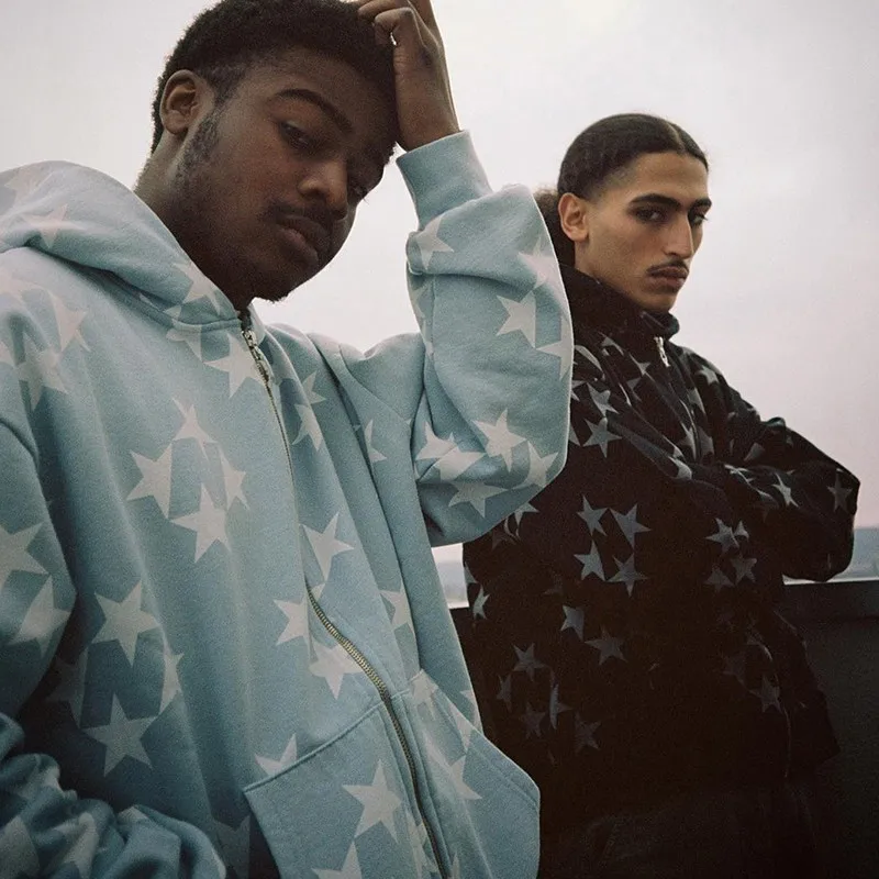 سترة بغطاء رأس كبيرة الحجم بسحاب للرجال والنساء ، جاكيت بغطاء رأس ، ملابس الشارع ، ملابس الحروف ، قوطية ، مطبوعة ، نجمة ، رسومات ، جرنج ، خريف ، Y2K