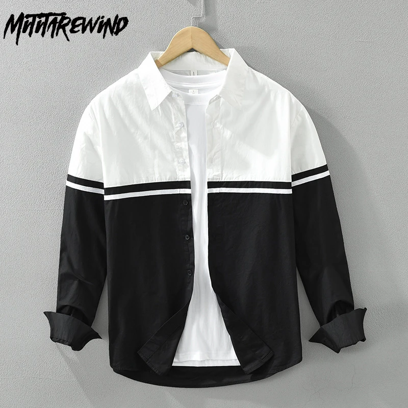 

Fashion New Men Shirts Long Sleeve Street Casual Loose Tops Pure Cotton Black White Patchwork Design Shirt Spring Men Clothing