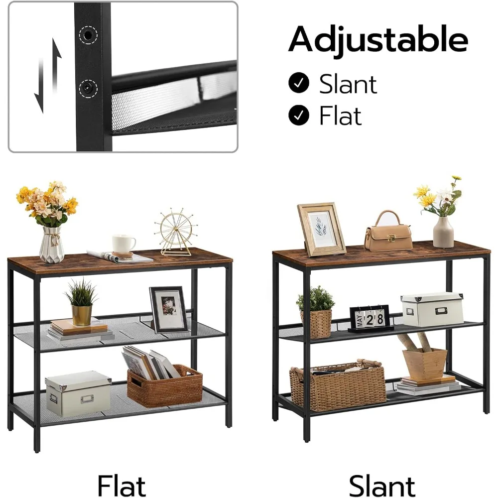 Table console avec 2 étagères plates ou inclinées réglables en maille, table de canapé, table de couloir et buffet d'entrée