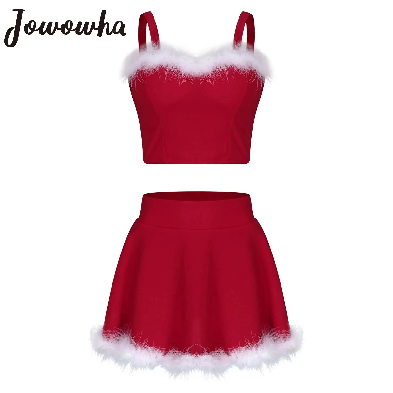 Womens Christmas Santa Claus Costume Faux Fur Trim Crop Top with A-Line Mini Skirt Xmas New Year Theme Party Cosplay Outfits