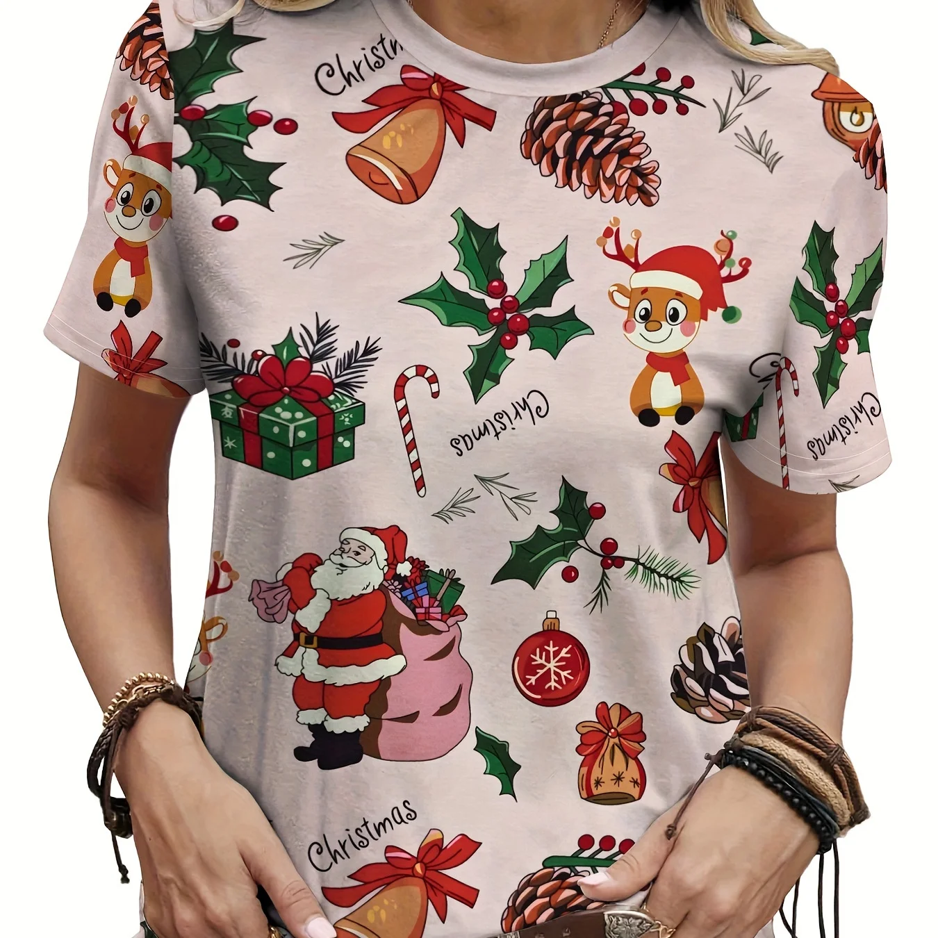 

Santa Claus Reindeer Print Women's T-shirt Leisure Fashion Everyday Wear O-neck Short Sleeve Top Street X'mas Party Men Clothing