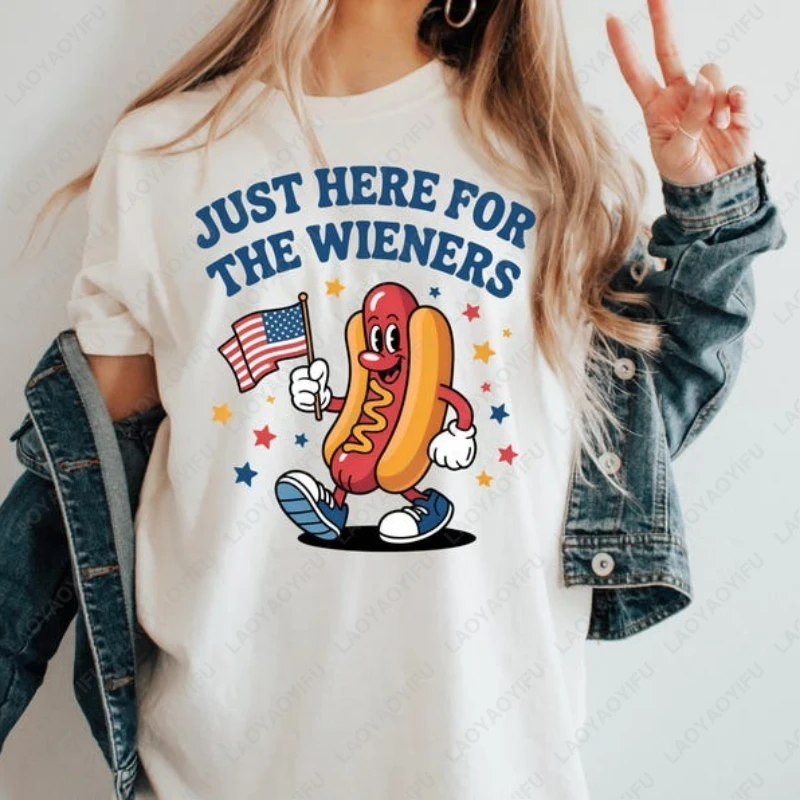

4th of July Just Here for The Wieners Tshirt Funny Hot Dog Graphic Woman Shirt Retro America Patriotic Weenies Adult Cotton Tees