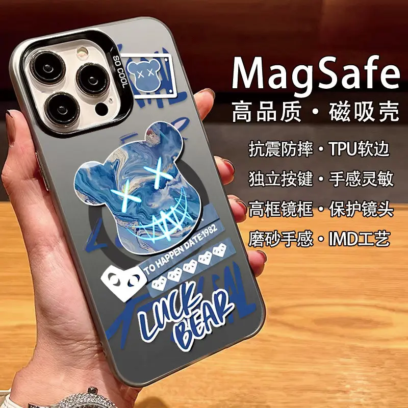 Cartoon Robert Robot Bear Magsafe Magnetic Case for IPhone 11 12 13 14 15 16 Pro Max Plus Soft Silver Plated Anti Fall Cover