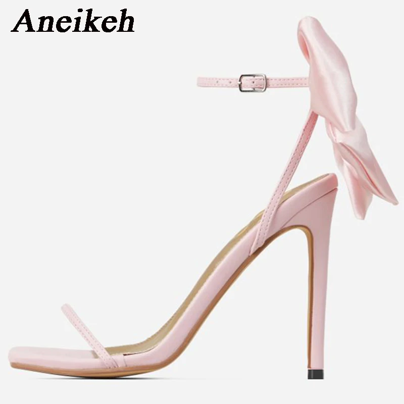 Aneikeh Summer 2024 Foreign Heels for Women High Heel Shoes Bowknot Personalized Square Open Toe Ankle Buckle Strap Party Shoes