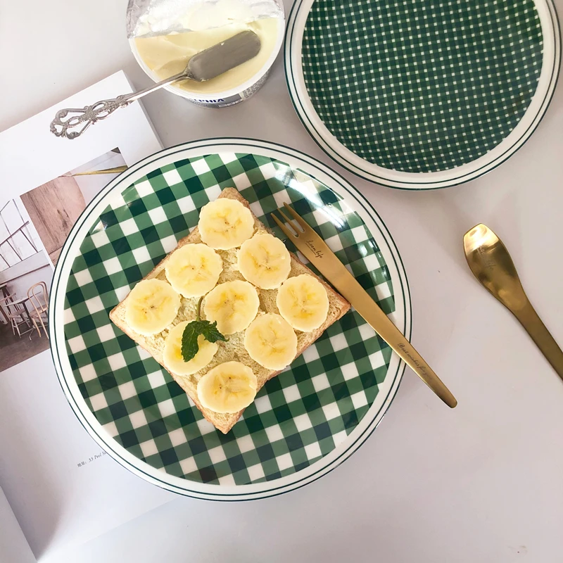 

Vintage Ceramic Plate for Dinner Plates Ceramic Checkerboard Plates Retro Green Ceramic Plate Photo Household Dessert Plate