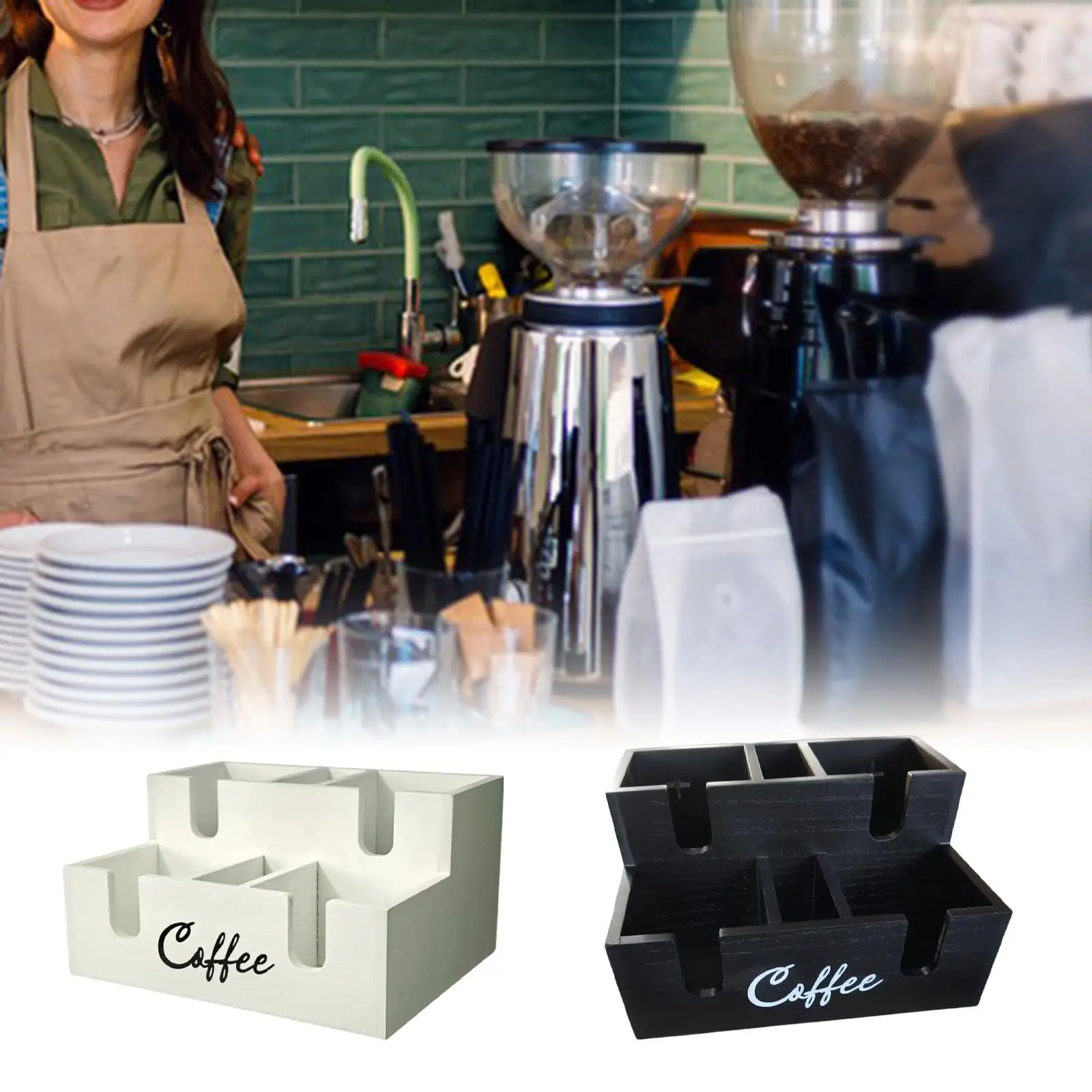 Wooden Coffee Bar Organizer with Six Section Storage for Coffee Machine Accessories Tea Bags Cups Stirrers and Home Breakroom