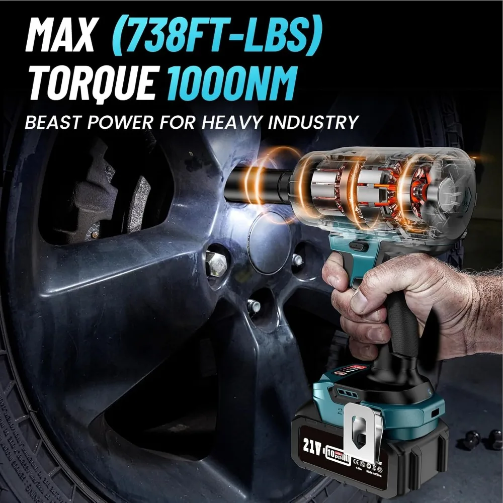 1000Nm(738ft-lbs) Cordless Impact Wrench High Torque, 1/2 Battery Impact Gun w/ 2X 4.0Ah Batteries, Fast Charger, 5 Sockets &