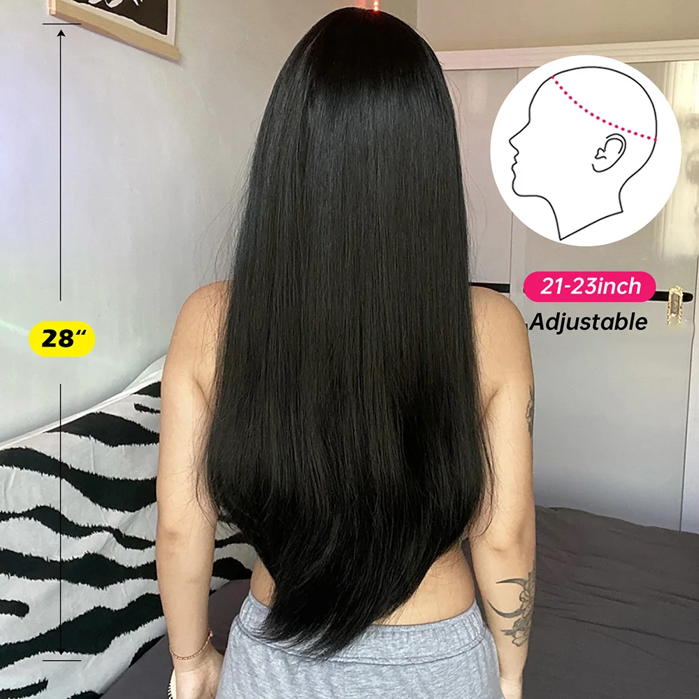 EASIHAIR Wig Sintetis Hitam Lurus Panjang Wig Rambut Bagian Tengah untuk Wanita Hitam Cosplay Pesta Sehari-hari Serat Tahan Panas Alami