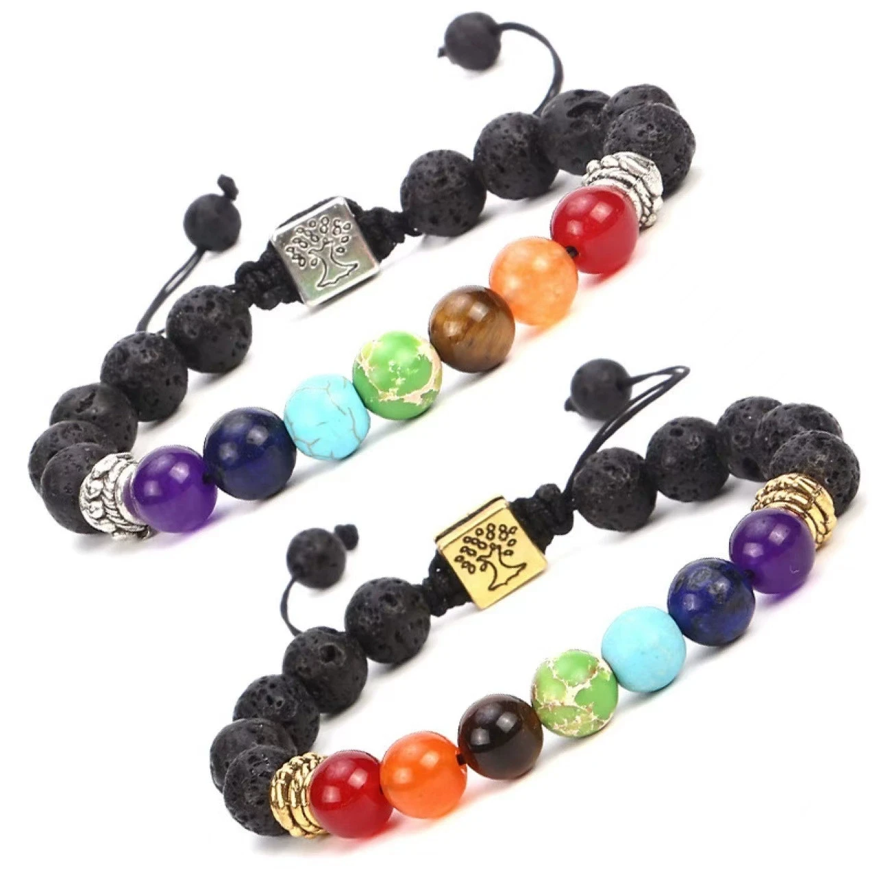 7 Chakra Lebensbaum Charm-Armbänder Herren Lava-Steine Perlen Geflochtenes Seil Handgefertigtes Armband Damen Yoga Schmuck Accessoires – Detail 1