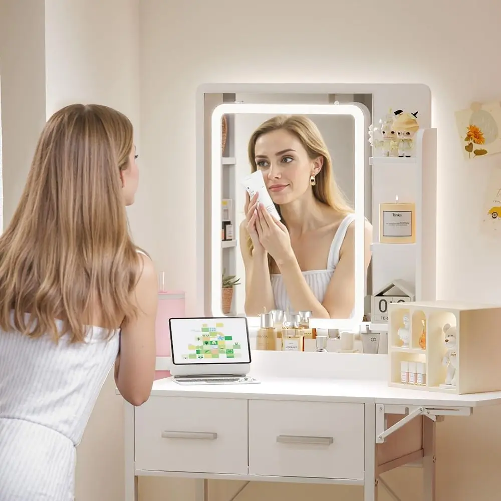 Meja Rias Kompak dengan Cermin untuk Ruang Sempit: Set Meja Mini Putih untuk Kamar Tidur Anak Perempuan