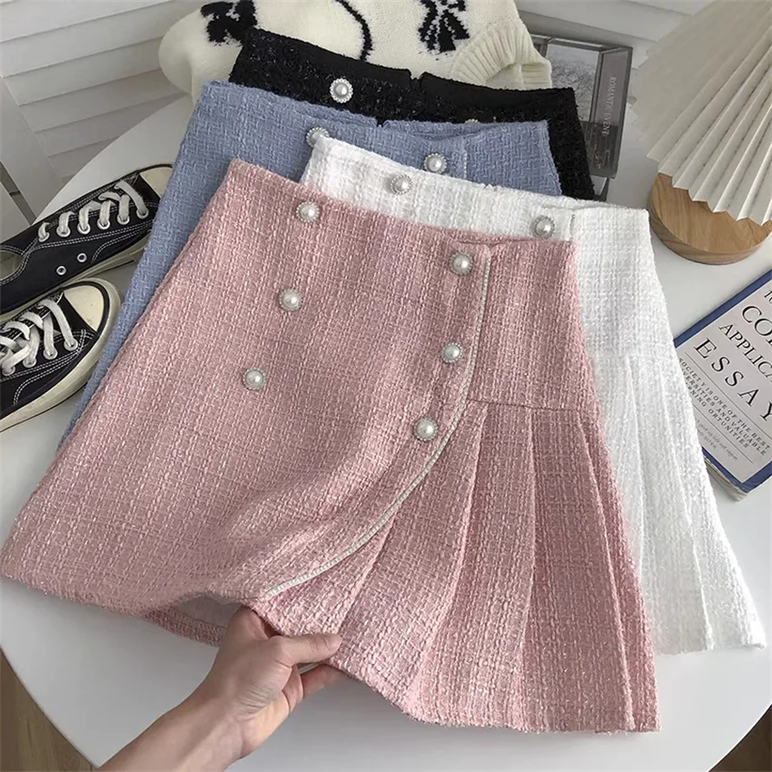 Gowyimmes Autumn Winter Fashion Women High Waist Woolen Skirt Girl Double Button Skirt A-line Kawaii Skirt Harajuku Mini PD1736