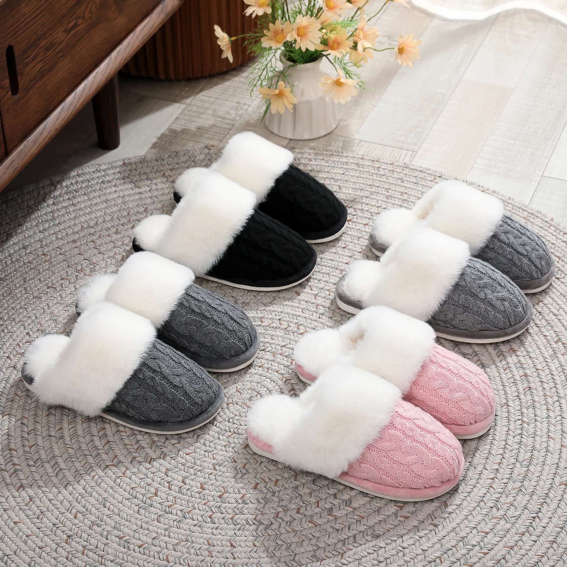 Fashion Fluffy Knitting Slippers for Men Women Winter Warm Fleece Lining Anti-slip Thick Thermal Plush Cotton Shoes Home Slipper