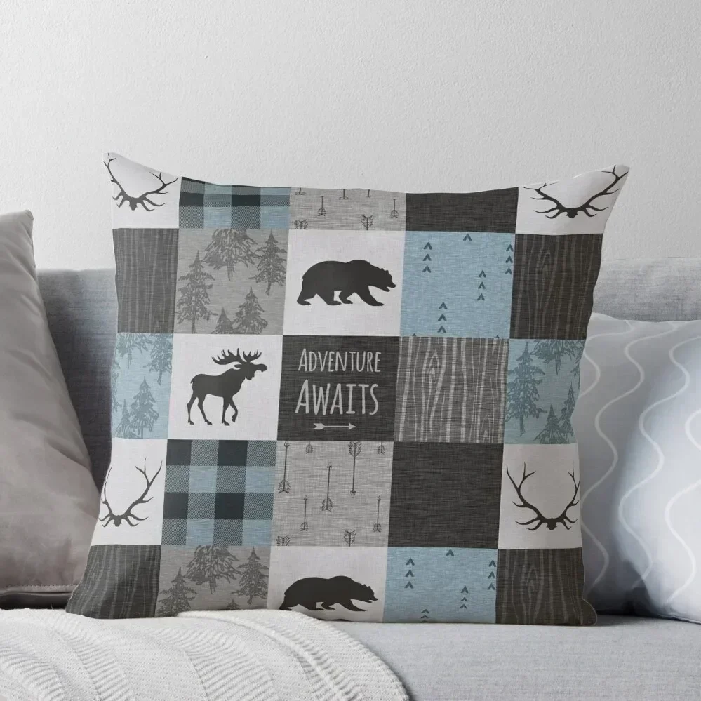 

Adventure Awaits Patchwork - Blue, Grey and Black Throw Pillow Decorative pillowcase Covers For Sofas pillow