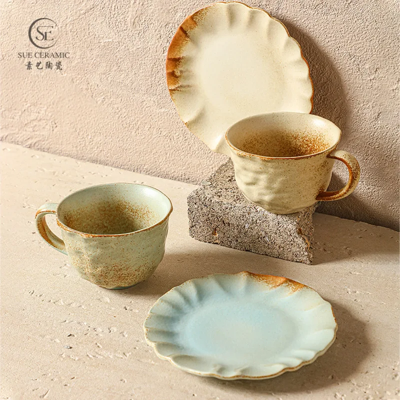 

Керамическая кружка-блюдце в печи, набор блюдец, текстурированные вручную ретро-пары, кофейные чашки в винтажном стиле, маленькие партии, ежедневные чашки для питья