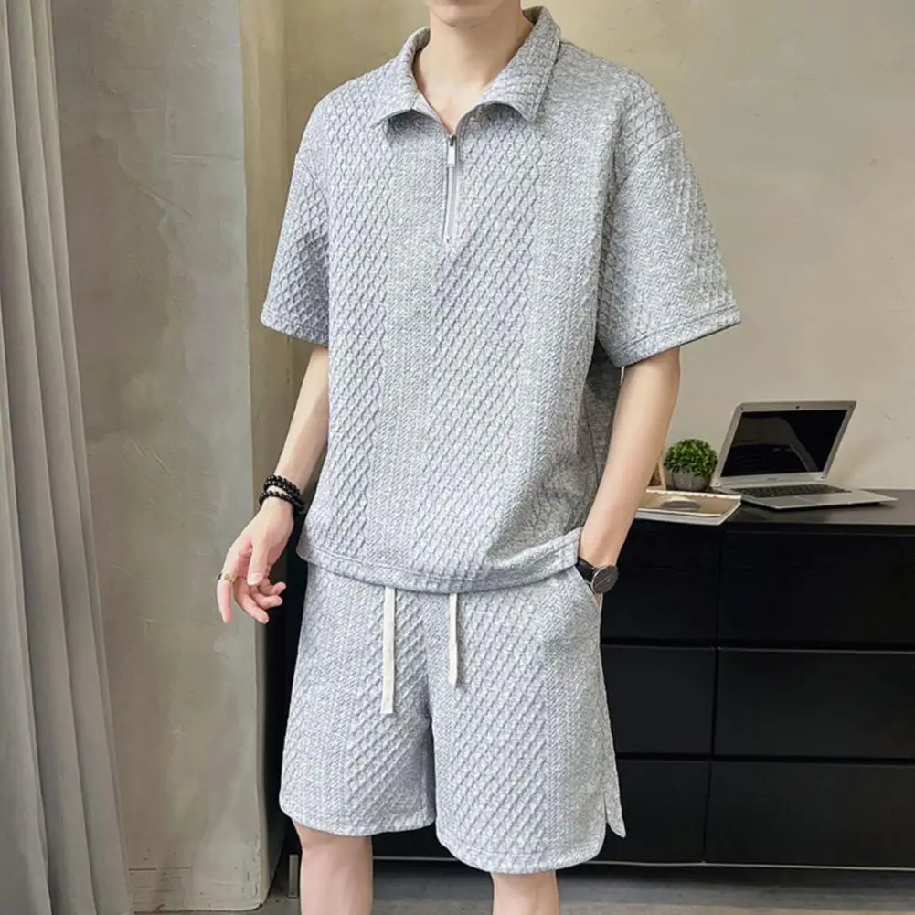 

Elastic Waist Shorts Set T-shirt Shorts Set Men's Casual Outfit Set Zipper Half Placket T-shirt Drawstring Wide Leg Shorts