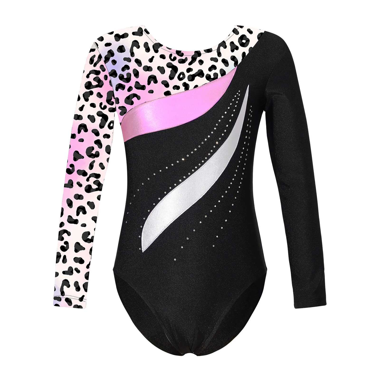 Teens Dance Bodysuit for Girls Kids Long Sleeve Shiny Rhinestone Ballet Gymnastics Leotard Print Childs Figure Skating Jumpsuit