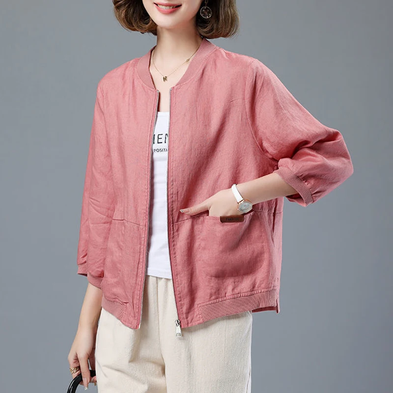 Women Korean Simple Casual Loose Baseball Jackets Autumn Solid 3/4 Sleeve Pockets Zipper Cardigan Coats Female Cotton Linen Tops