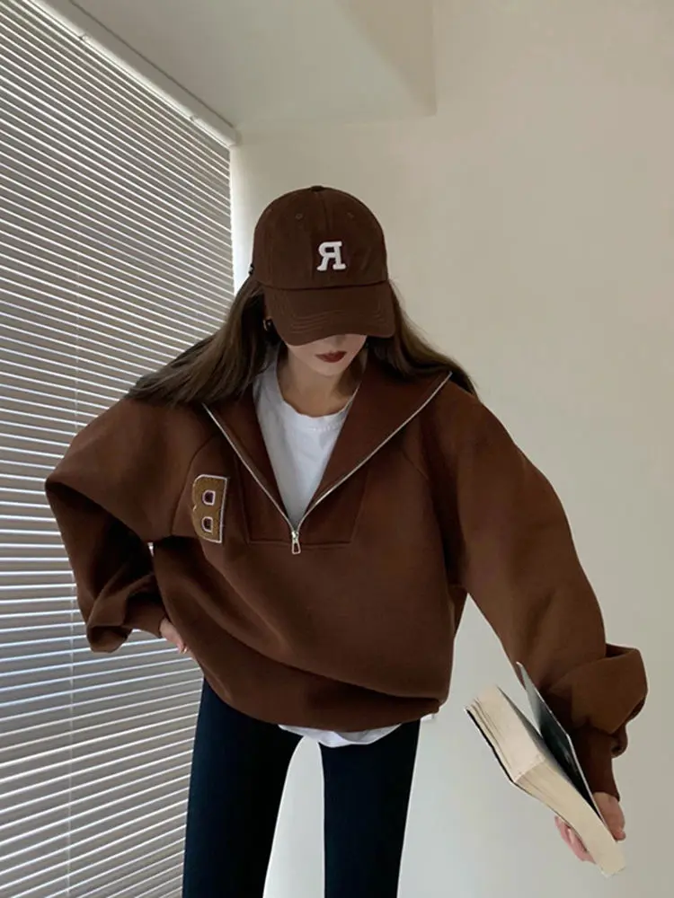 Nomikuma Causal Zipper Stand Neck Sweatshirts Women Autumn Winter Fleece Long Sleeve Hoodies Top Korean Fashion Letter Jumper