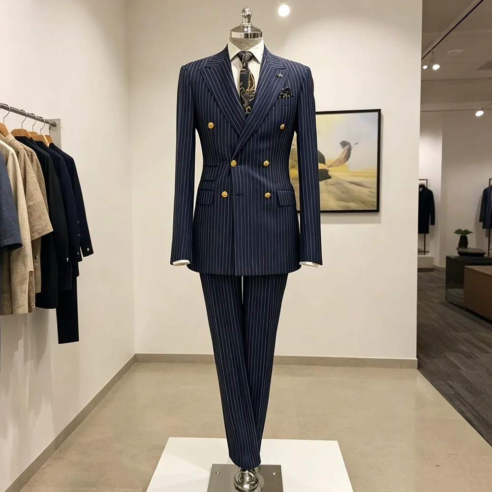 

Elegant Fashion Men's Stripe Suit 2 Pieces Jacket Pant Set Double-Breasted Peak Lapel Business Formal Office Male Outfits