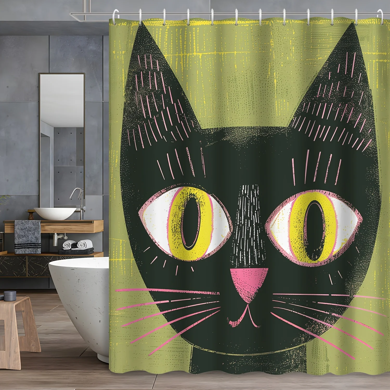 Funny Cat Face Shower Curtain - Mid Century Modern Animal Print, Green & Pink Abstract, Waterproof Bathroom Decor, Novelty Bath